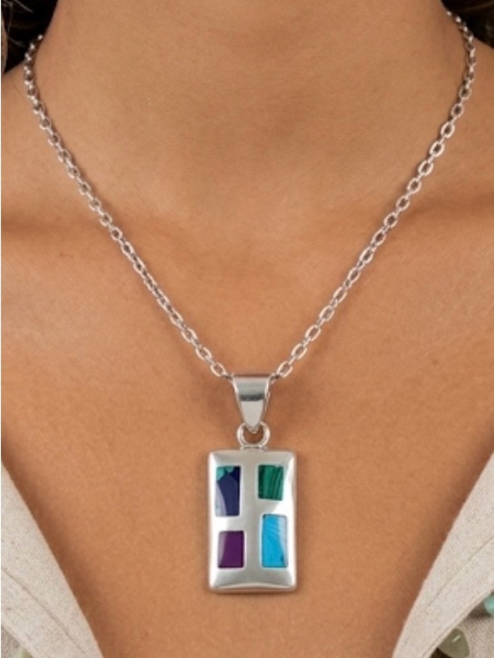 Silpada S0075 Vintage 925 Sterling Silver Multi Stone Inlay Pendant